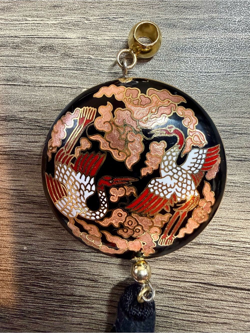Black and Red Cloisonné Crane Pendant Necklace